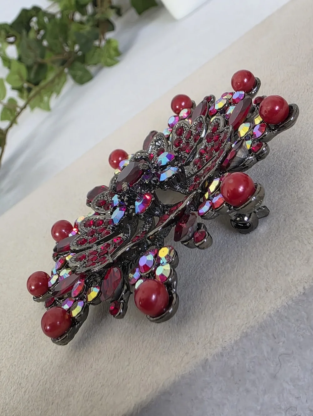 Silver Gunmetal with AB Red Rhinestone Flower Sunburst Brooch Pin